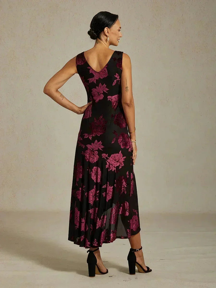 Navy Floral Chiffon Evening Gown with Asymmetrical Hem