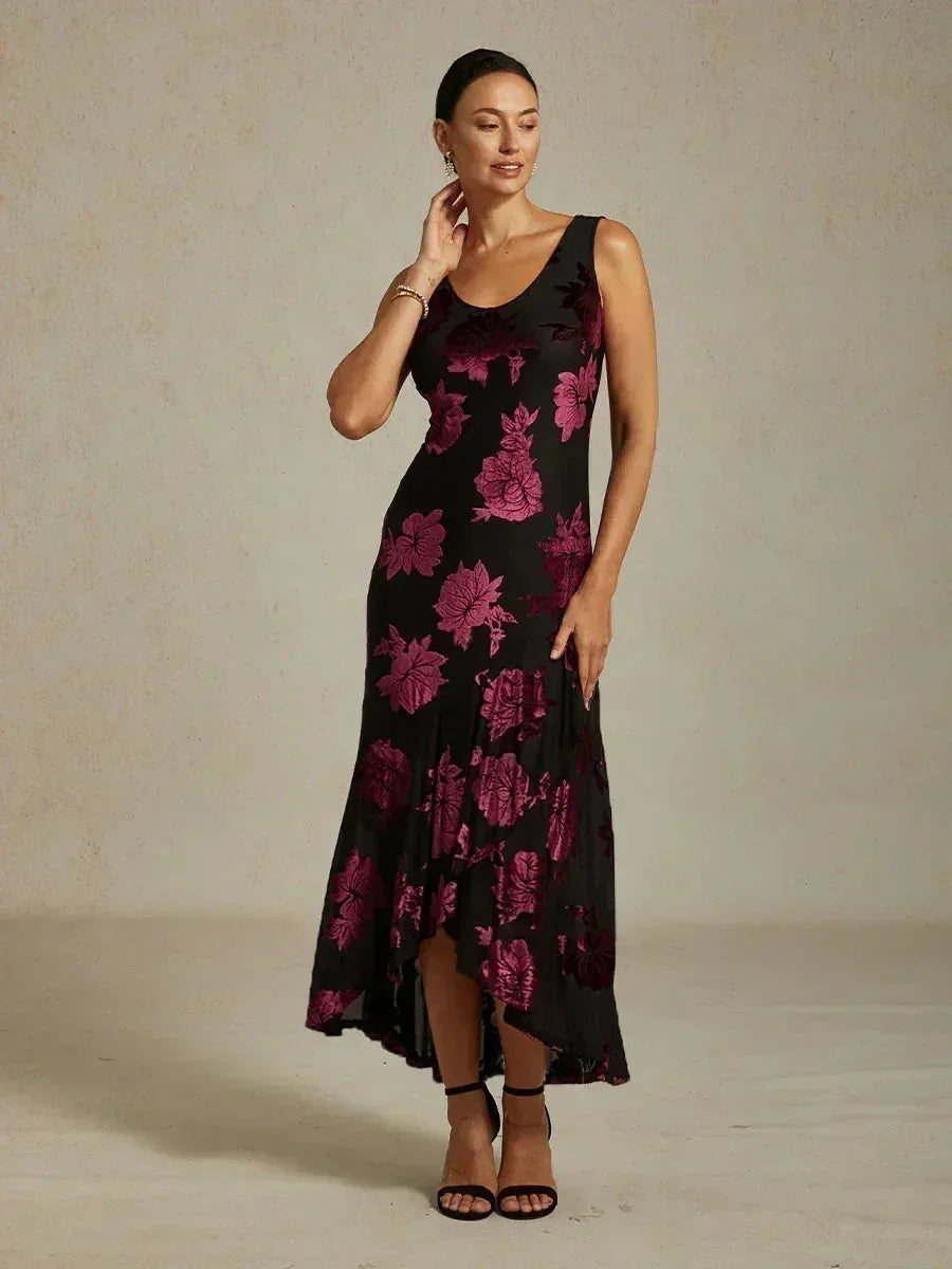 Navy Floral Chiffon Evening Gown with Asymmetrical Hem