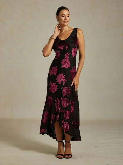 Navy Floral Chiffon Evening Gown with Asymmetrical Hem
