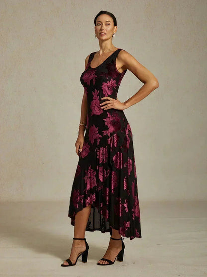 Navy Floral Chiffon Evening Gown with Asymmetrical Hem