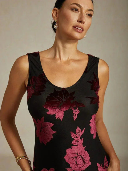 Navy Floral Chiffon Evening Gown with Asymmetrical Hem