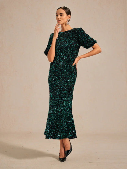 Velvet Sequin Midi Dress with Puff Sleeves