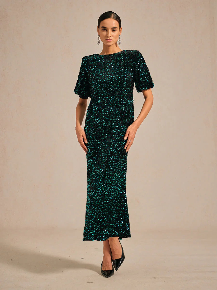 Velvet Sequin Midi Dress with Puff Sleeves