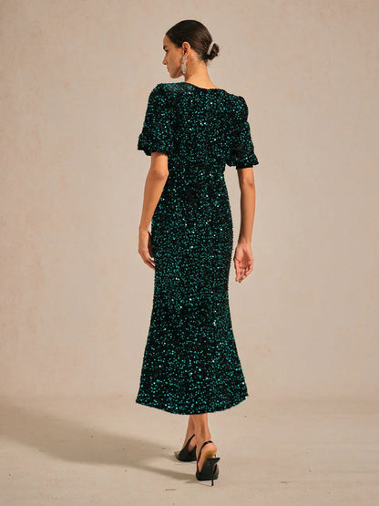 Velvet Sequin Midi Dress with Puff Sleeves