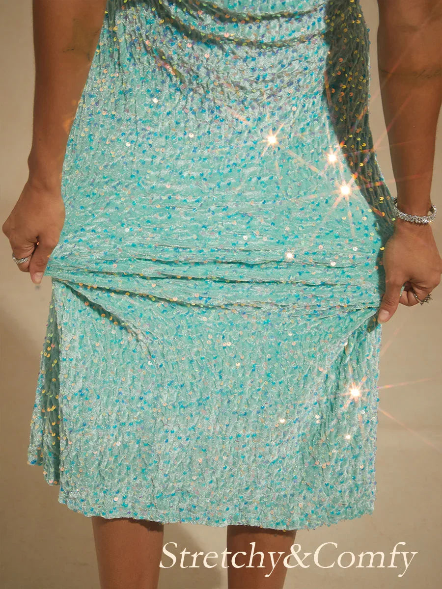 Velvet Sequin Midi Dress with Puff Sleeves