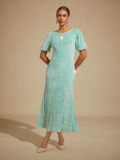Velvet Sequin Midi Dress with Puff Sleeves
