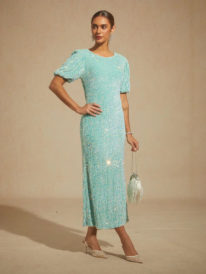 Velvet Sequin Midi Dress with Puff Sleeves