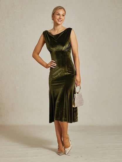 High-Stretch Velvet Sleeveless Midi Dress with Cowl Neck
