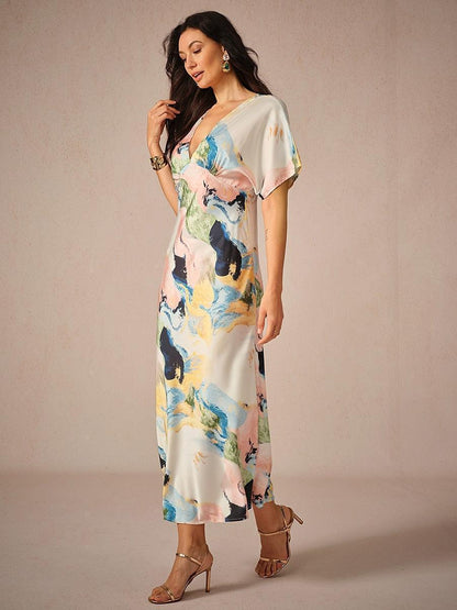 Satin Tie Dye Marble Print Maxi Dress