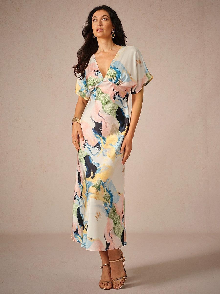 Satin Tie Dye Marble Print Maxi Dress