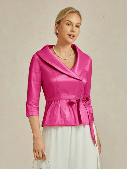 3/4 Sleeve Stretch Taffeta Blouse with Tie Waist Detail