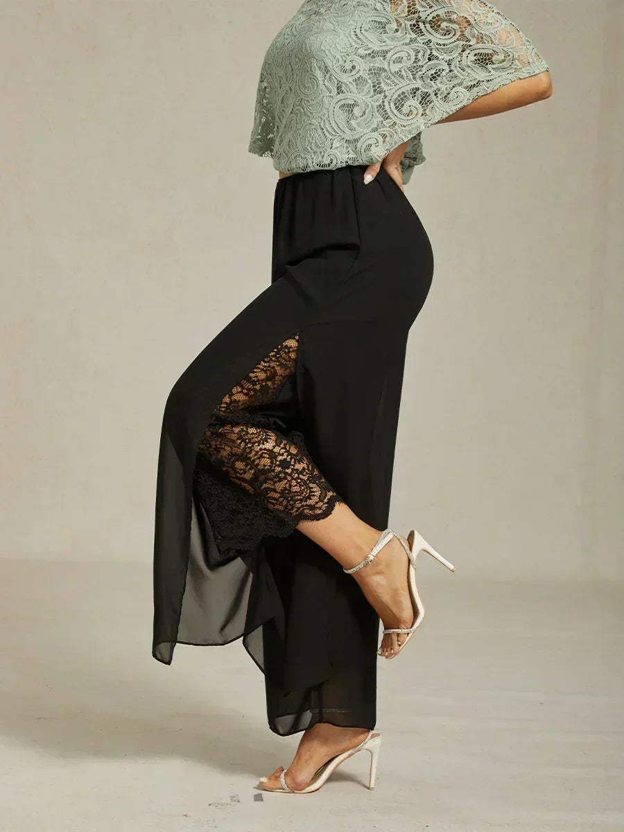 Lace Straight Leg Pant With Chiffon Split Leg Overlay