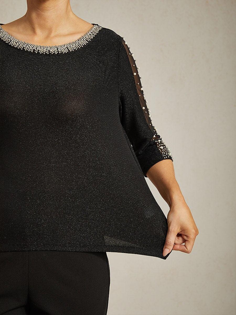 Beaded 3/4 Sleeve Metallic Knit Blouse