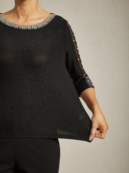 Beaded 3/4 Sleeve Metallic Knit Blouse