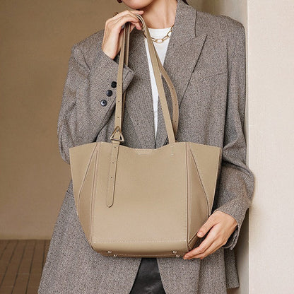 Women's Elegant Camel Textured Leather Shoulder Tote