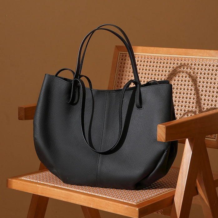 Elegant Genuine Pebbled Leather Tote Bag with Pouch