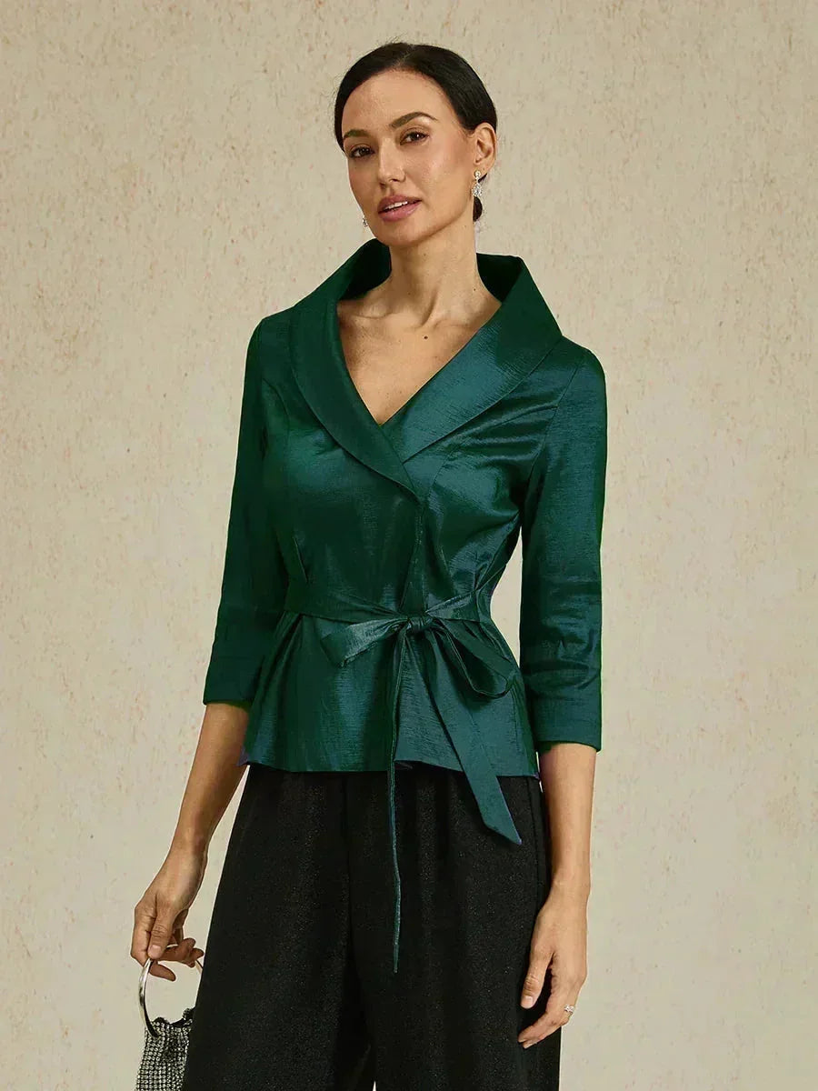3/4 Sleeve Stretch Taffeta Blouse with Tie Waist Detail