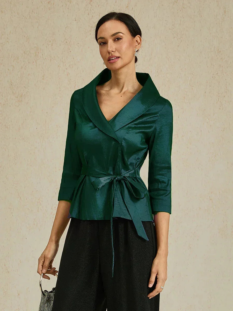 3/4 Sleeve Stretch Taffeta Blouse with Tie Waist Detail