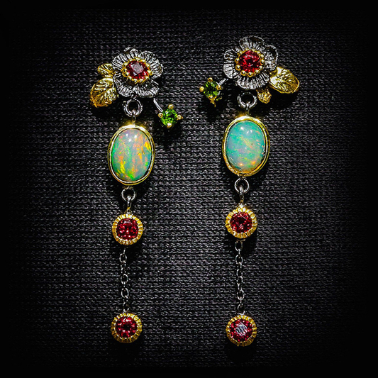 Boho Earrings with Opal and Red Zirconia - LEESTIA
