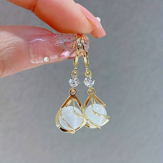 Gold Wire Wrapped White Opal Drop Earrings - LEESTIA