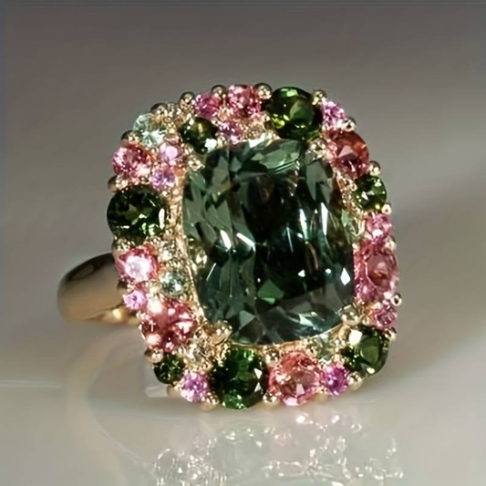 Vintage Green & Pink Crystal Ring - LEESTIA