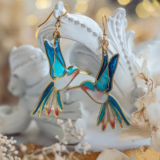 Gold Blue Enamel Hummingbird Drop Earrings - LEESTIA
