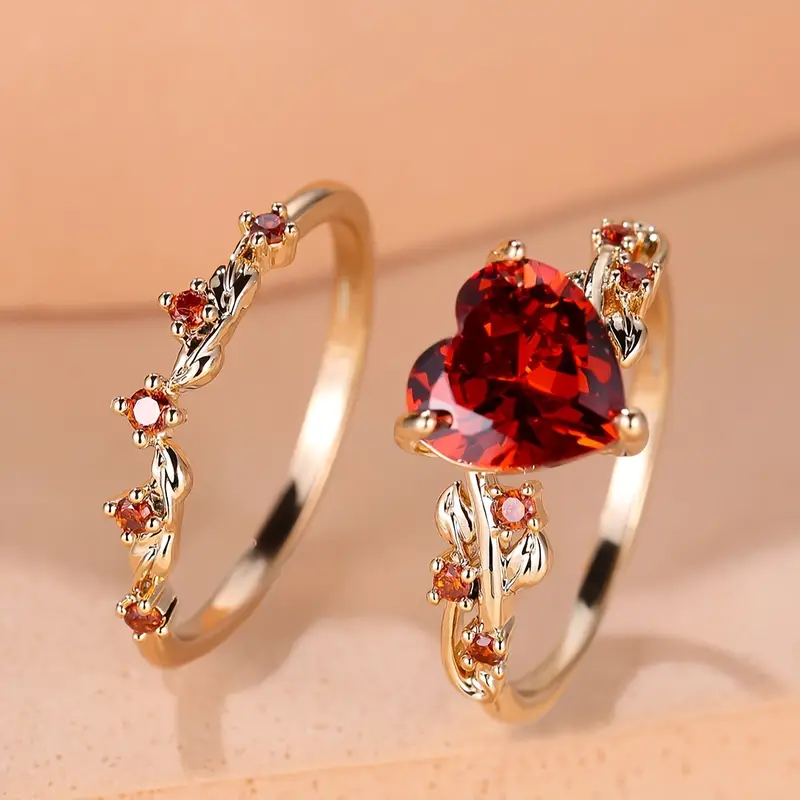 Heart & Ruby Ring Set - LEESTIA