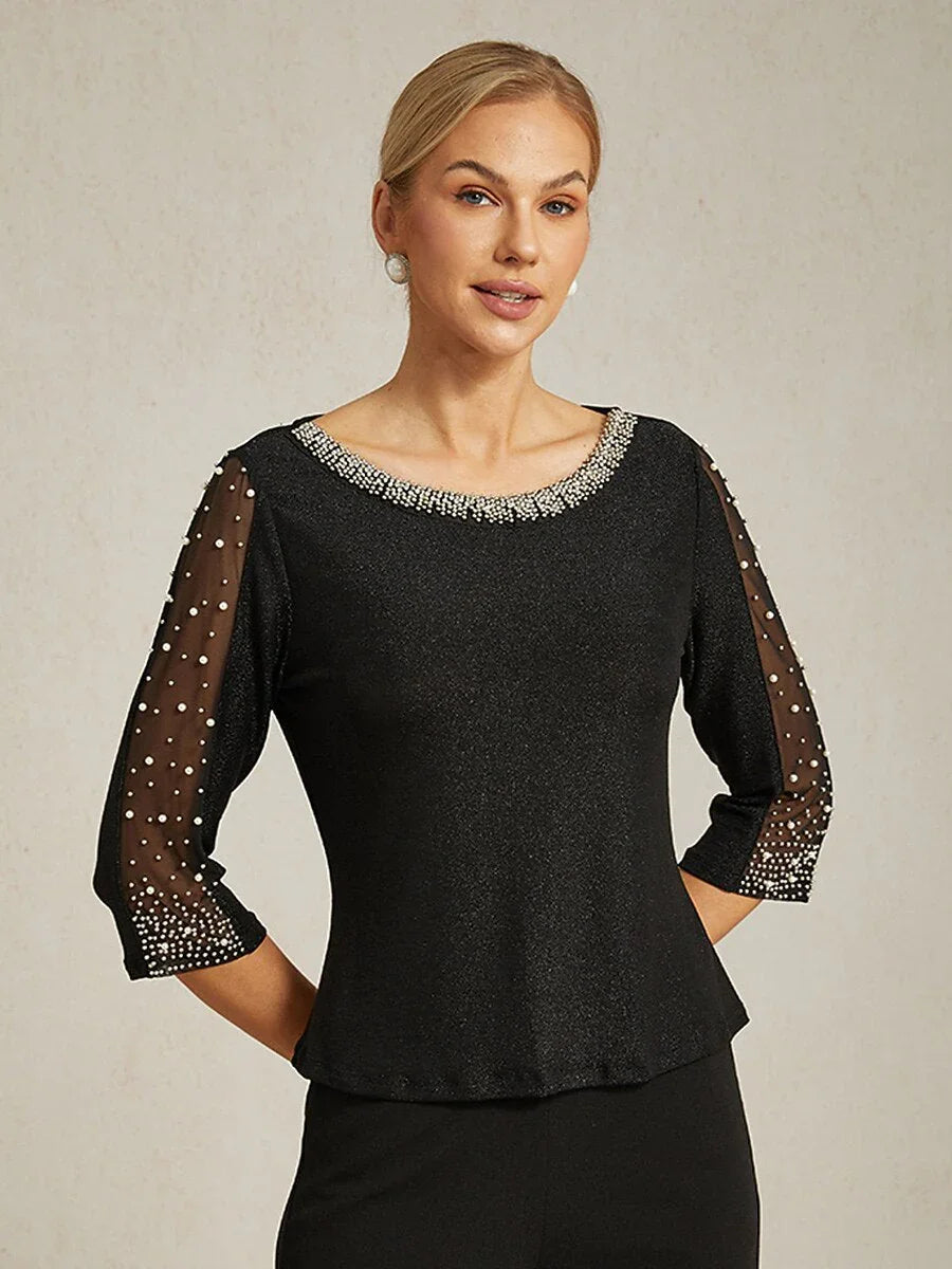 Beaded 3/4 Sleeve Metallic Knit Blouse