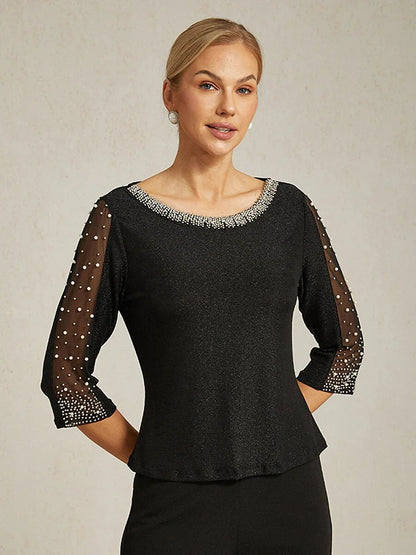 Beaded 3/4 Sleeve Metallic Knit Blouse