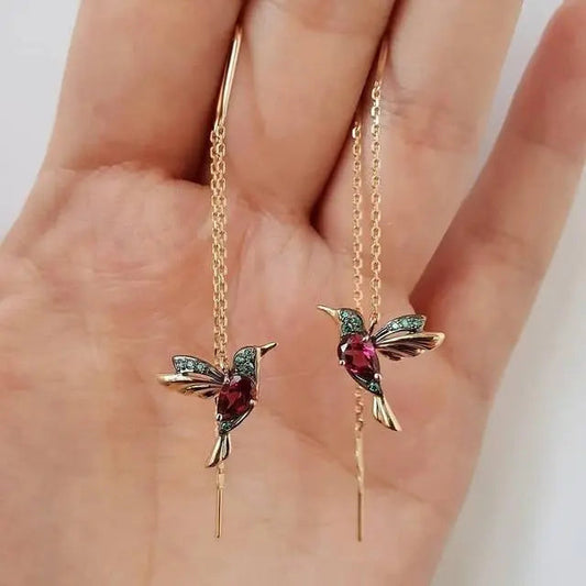 Gold Hummingbird Threader Earrings with Crystals - LEESTIA