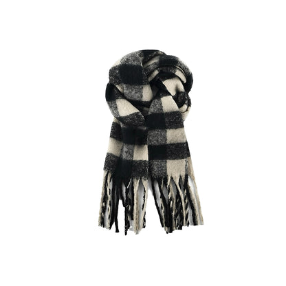 Women's Elegant Black & White Plaid Patterned Fringed Imitation Cashmere Scarf
