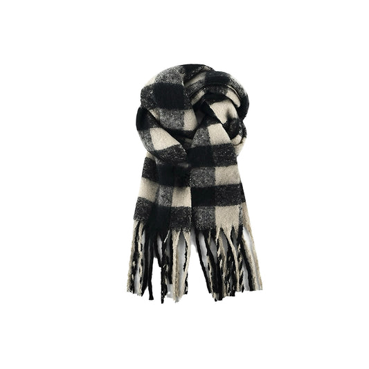 Women's Elegant Black & White Plaid Patterned Fringed Imitation Cashmere Scarf