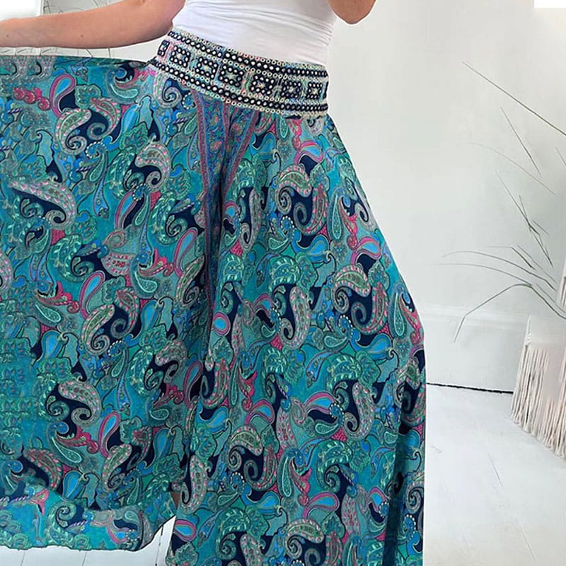 Elastic Waistband Pants with Ethnic Print