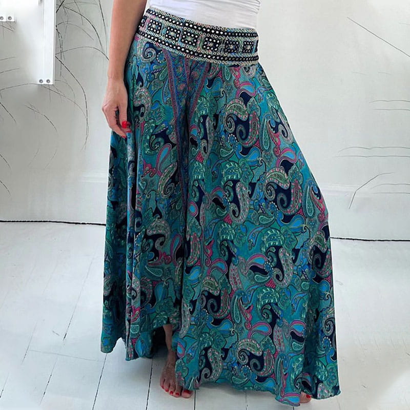 Elastic Waistband Pants with Ethnic Print