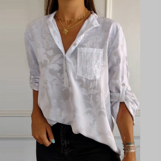 🔥Women's Casual Lapel Print Adjustable Sleeve Top