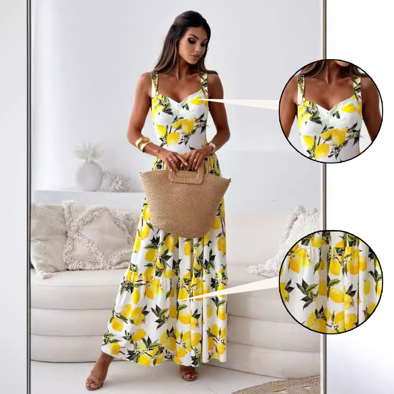 Women's Elegant Spaghetti Strap Lemon Print Maxi Dress