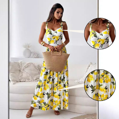 Women's Elegant Spaghetti Strap Lemon Print Maxi Dress