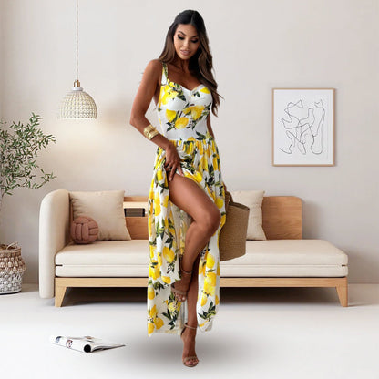Women's Elegant Spaghetti Strap Lemon Print Maxi Dress