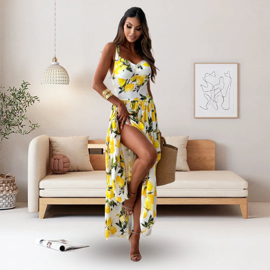 Women's Elegant Spaghetti Strap Lemon Print Maxi Dress