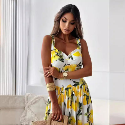 Women's Elegant Spaghetti Strap Lemon Print Maxi Dress