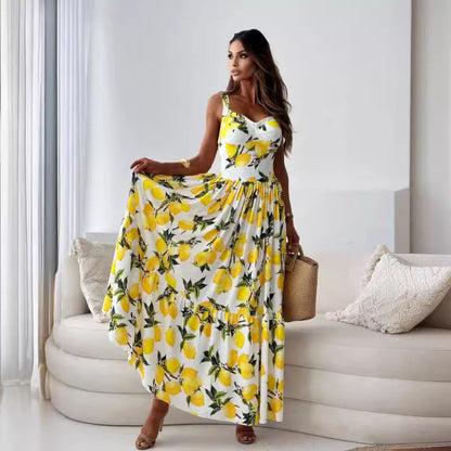 Women's Elegant Lemon Print Spaghetti Strap Flowy Long Dress