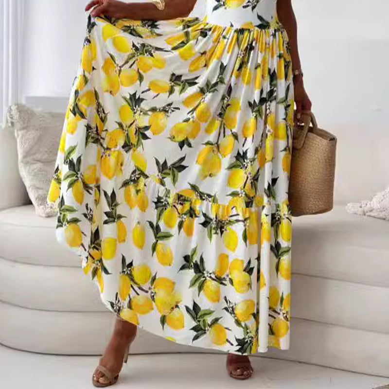 Women's Elegant Spaghetti Strap Lemon Print Maxi Dress