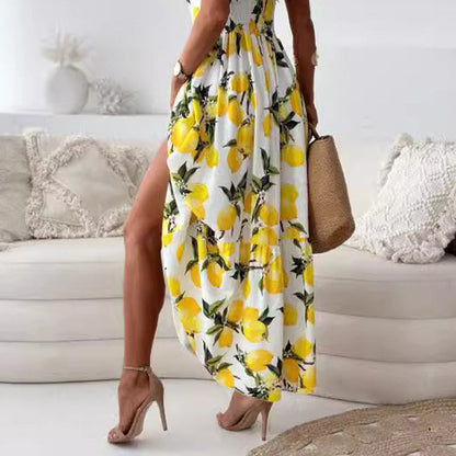 Women's Elegant Lemon Print Spaghetti Strap Flowy Long Dress