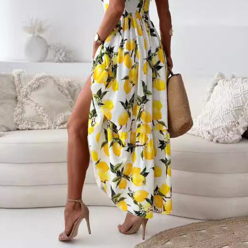 Women's Elegant Spaghetti Strap Lemon Print Maxi Dress