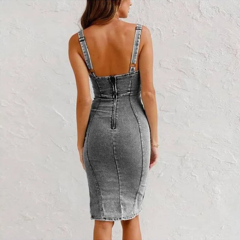 Strappy U-Neck Denim Dress with Slit