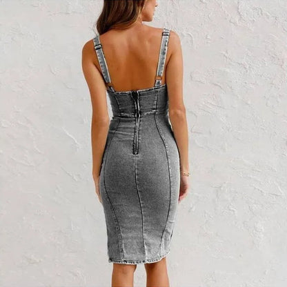 Strappy U-Neck Denim Dress with Slit