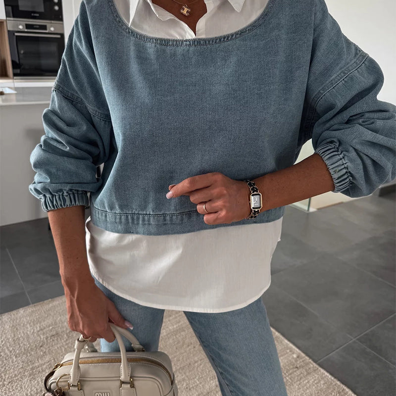 Women's Fashion Long Sleeve Denim Top & Pants Two Piece Set