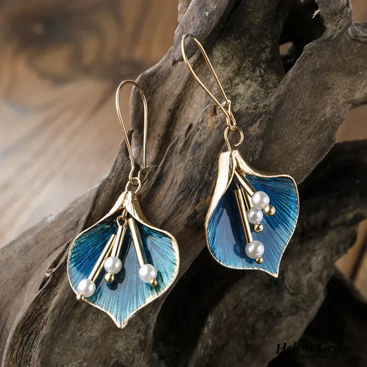 Gold Blue Lily Drop Earrings with Pearls - LEESTIA