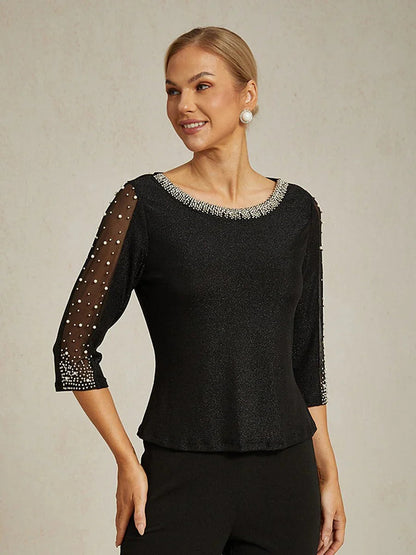Beaded 3/4 Sleeve Metallic Knit Blouse